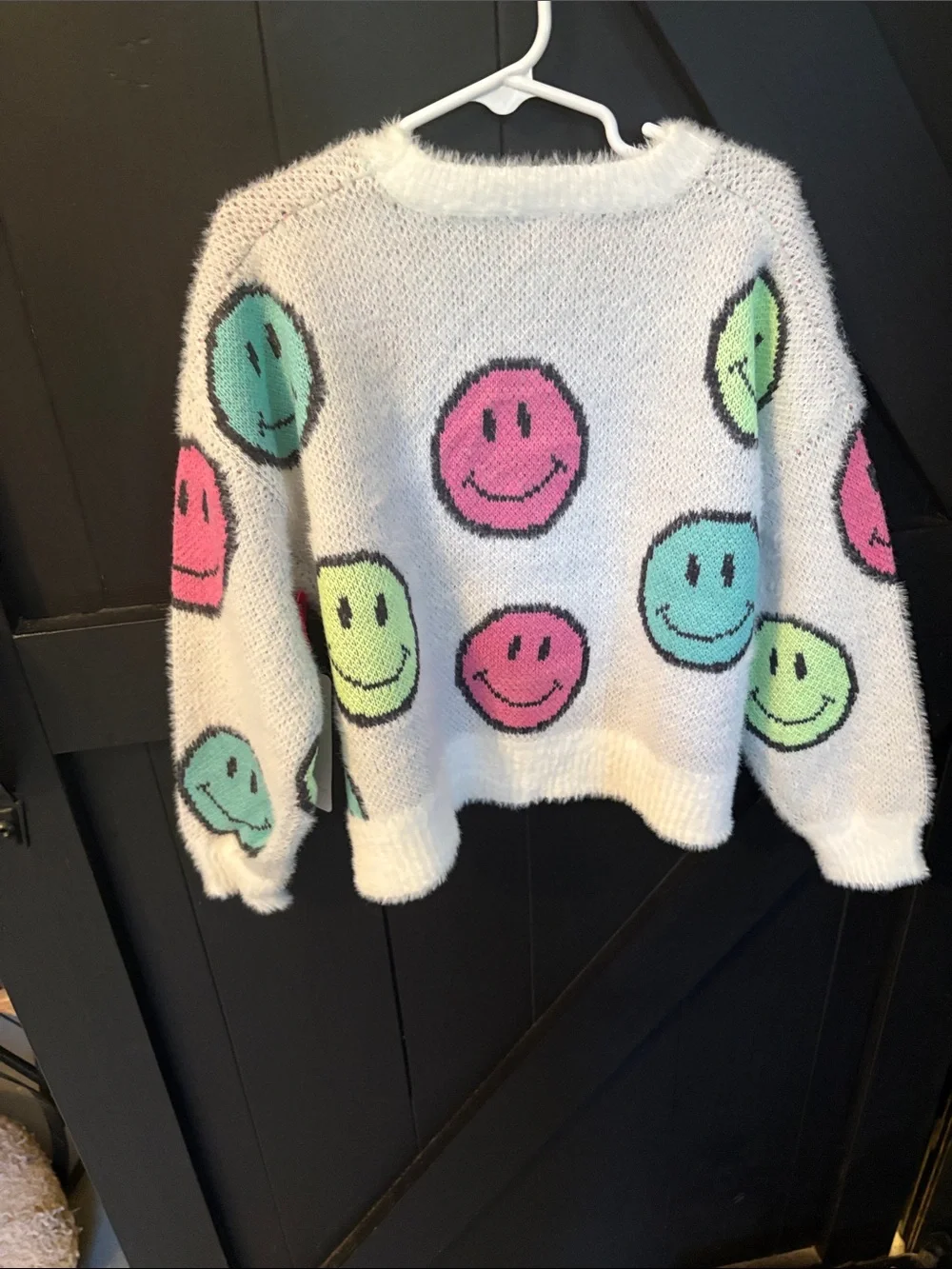 Justice White Fuzzy Sweater with Pink, Mint and Lime Smiley Faces